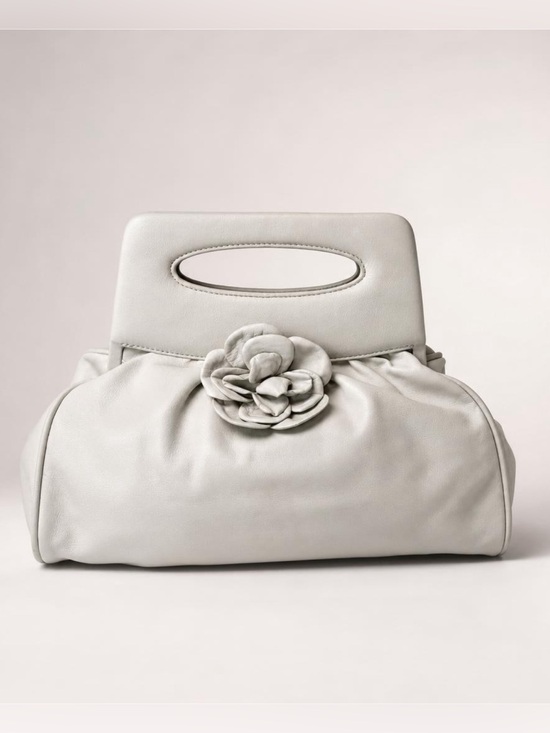 CHANEL Handbags - CHANEL lambskin top handle clutch, ivory-grey, leather Camelia accent,11x12, EUC